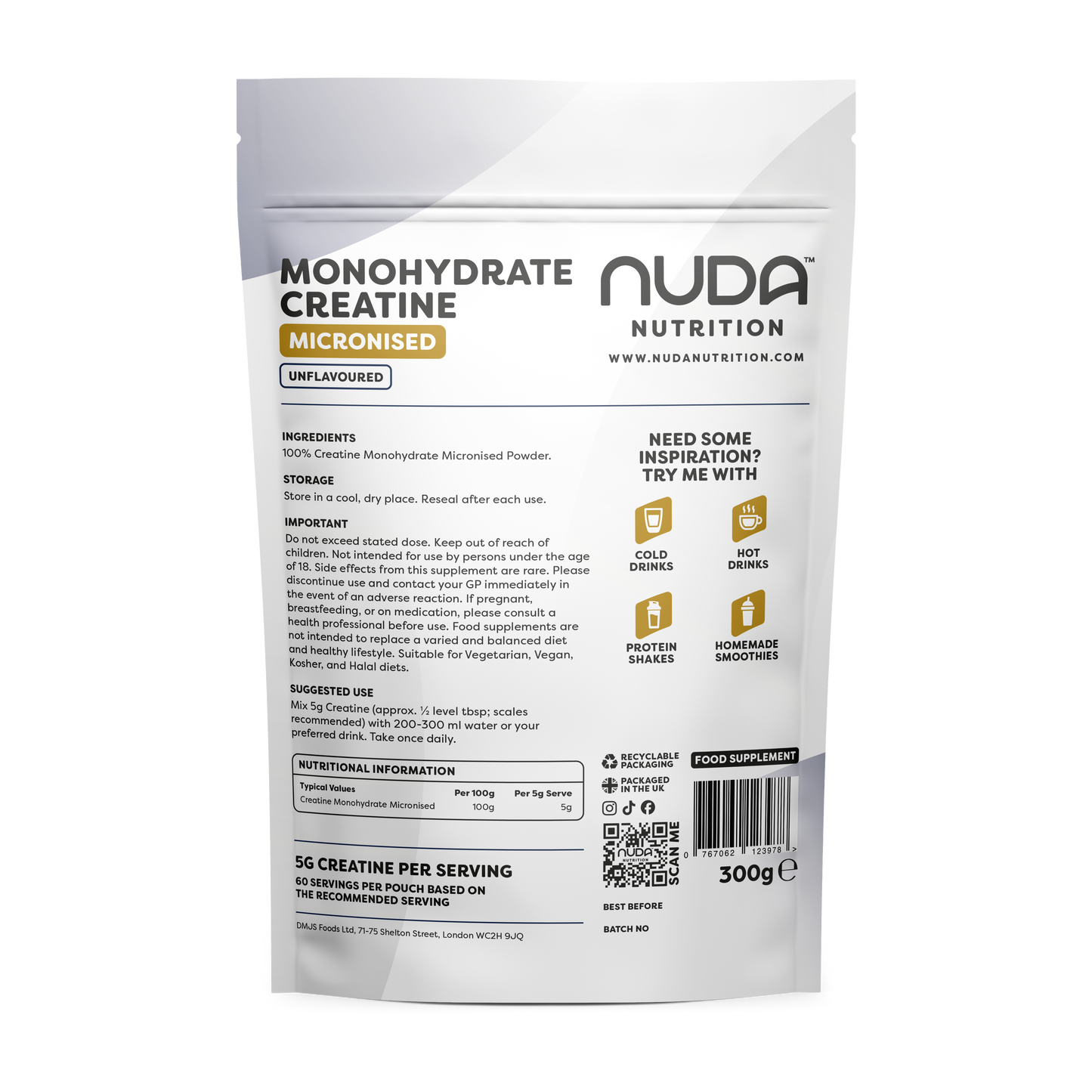 Nuda Creatine Monohydrate Micronised Powder (300g)