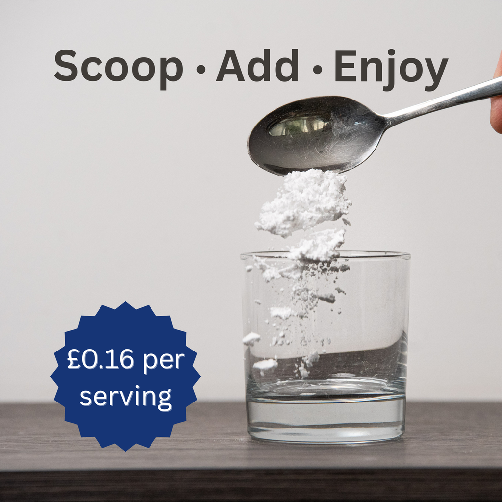 Spoon pouring powder into a glass with text 'Scoop • Add • Enjoy' and price '£0.16 per serving'.