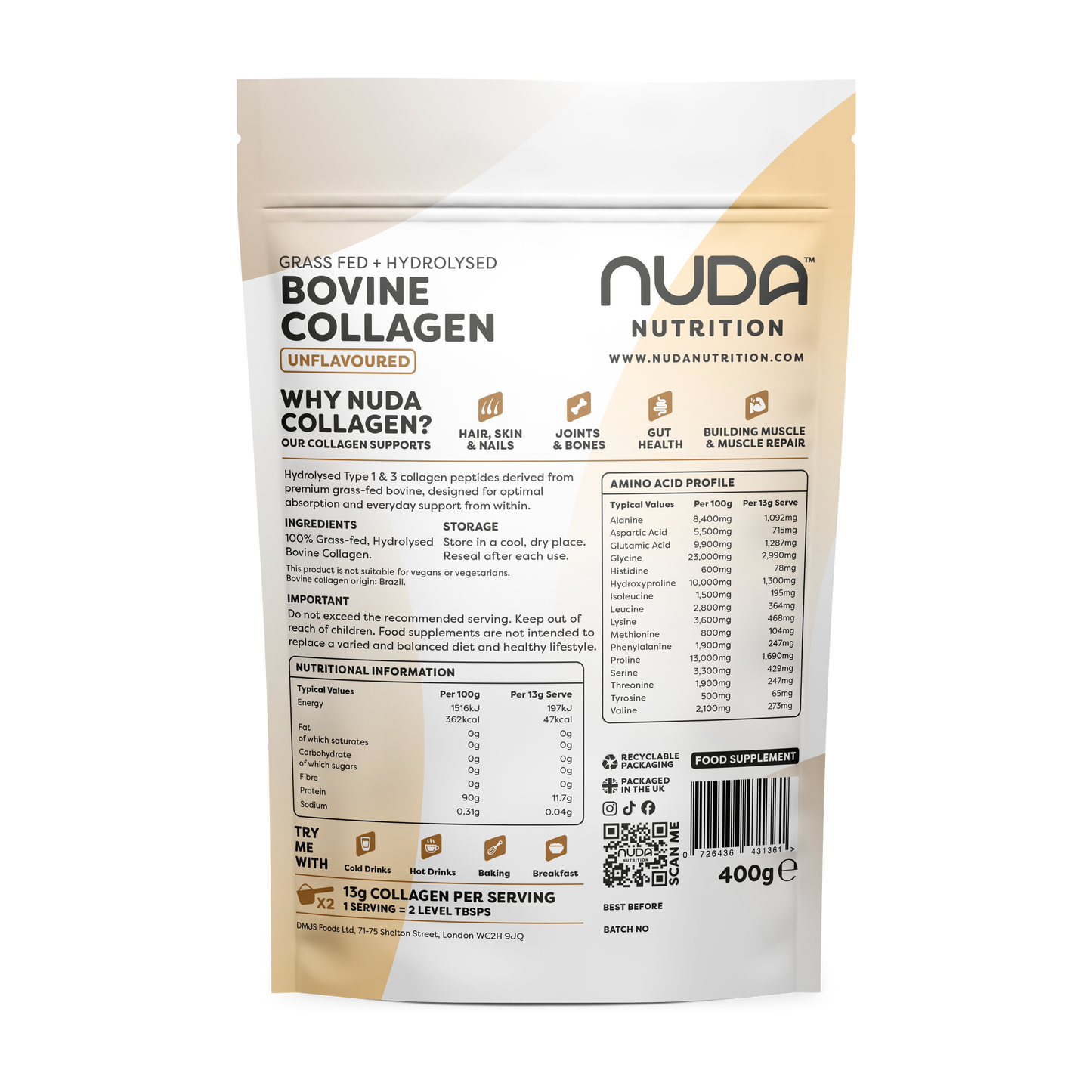Nuda Bovine Collagen 400g pouch — back of pack, unflavoured, Type 1 & 3