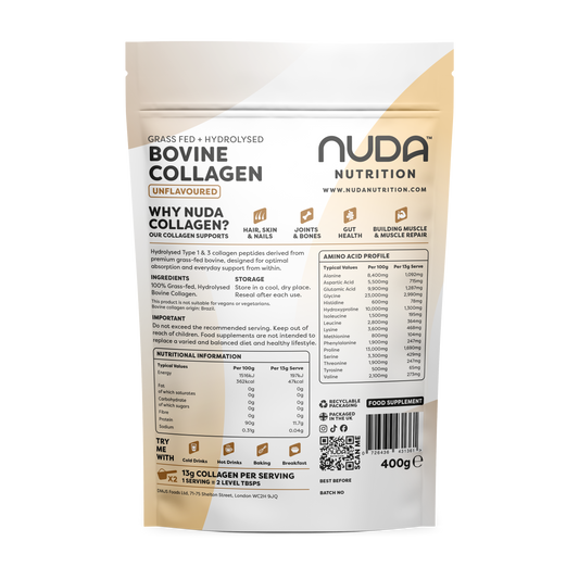 Nuda Bovine Collagen 400g pouch — back of pack, unflavoured, Type 1 & 3